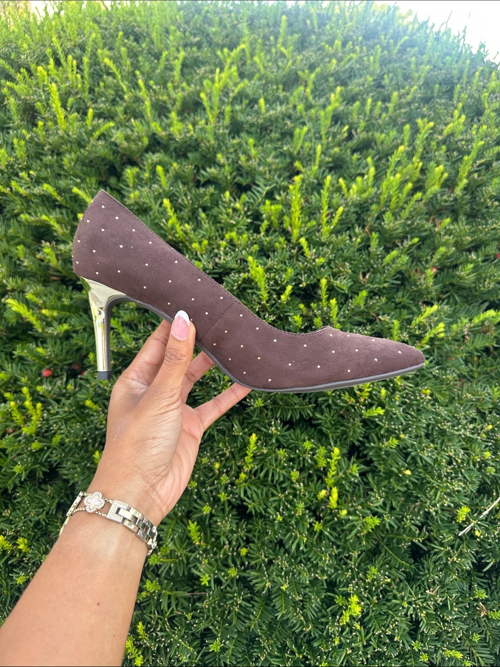 Adrienne Vittadini Brown Suede Pointed Toe Heel with Gold Metallic Heel